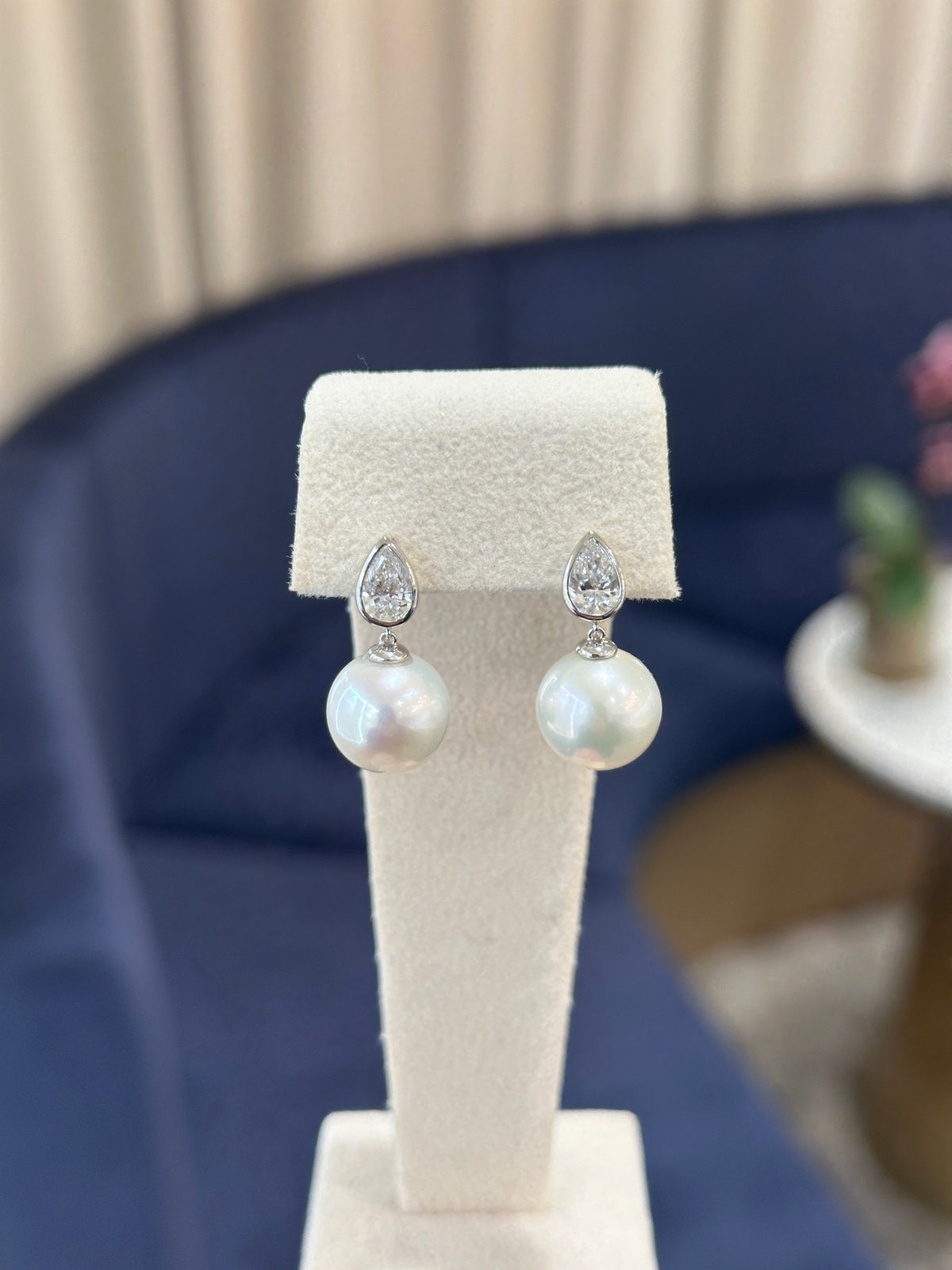 Bezeled Lab Diamond Fresh Water Pearl Earrings