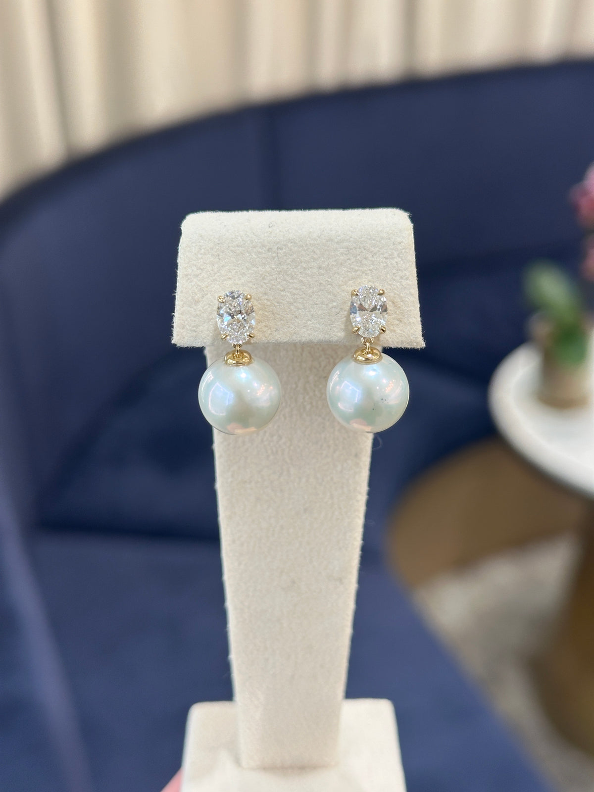 Oval Lab Diamond Fresh Water Pearl Earrings