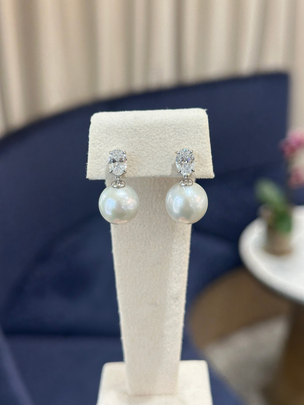 Oval Lab Diamond Fresh Water Pearl Earrings